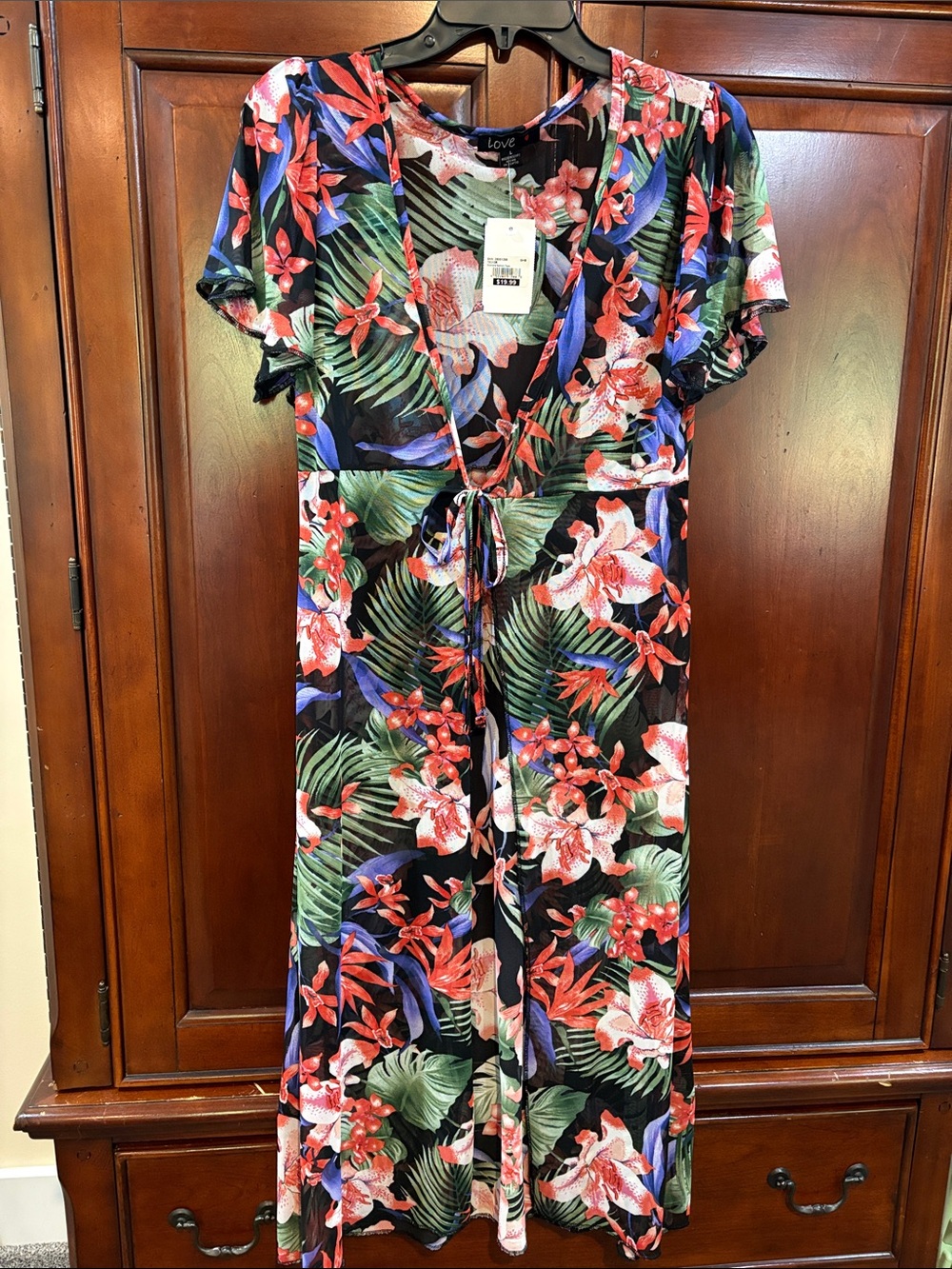 Love Black Floral Tie-Front Maxi Dress with Red and Green Accents